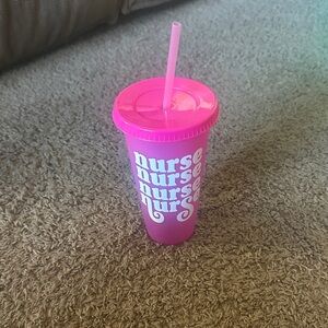 Pink plastic Nurse cup with straw